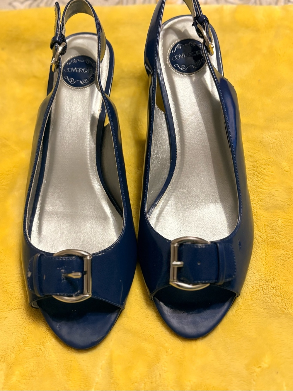 lorenzo Navy Peep-Toe Slingback Mules with Buckle